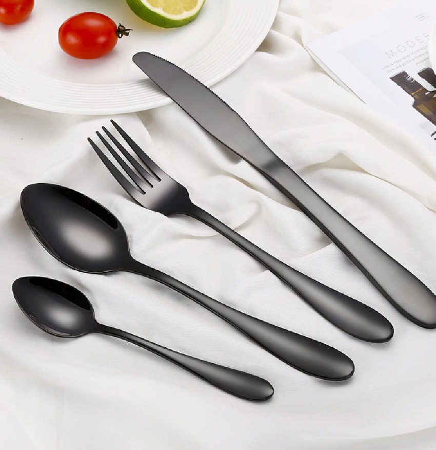 6pcs Matte Black Dinner Spoon Fork Knife Stainless Steel Satin