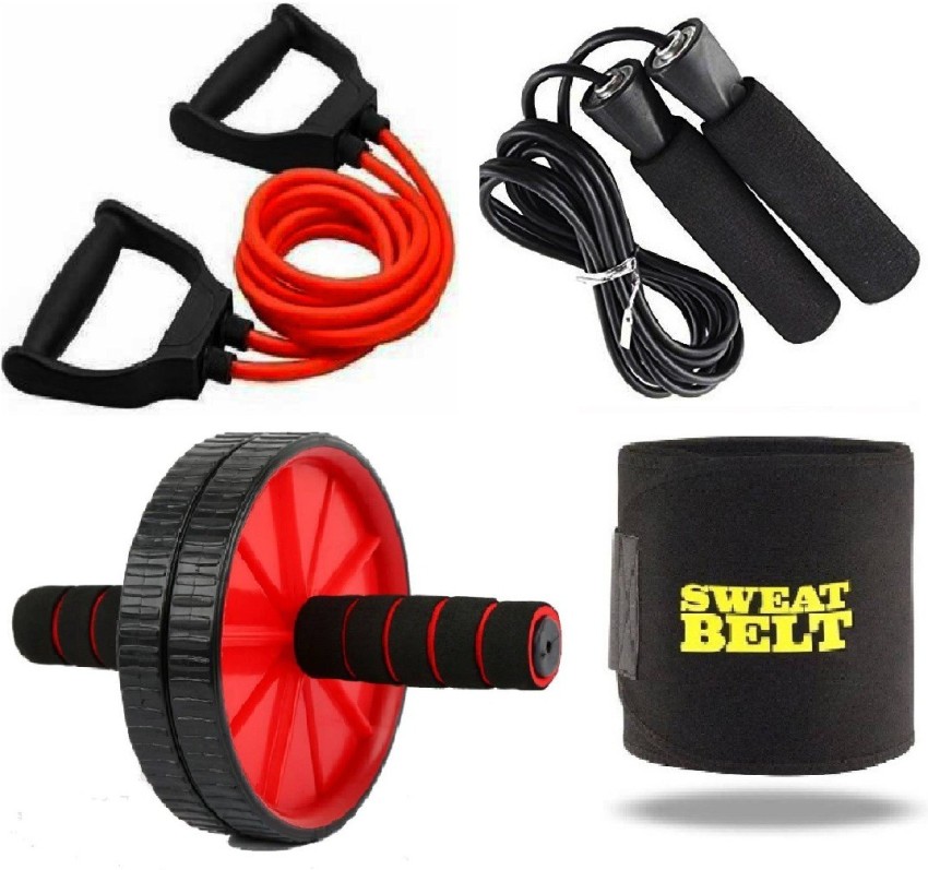 Gym Equipment Set Home Workout 4Pc Pushup Stand,Ab Wheel Roller ,Skipping  Rope ,Sweat Belt Weight