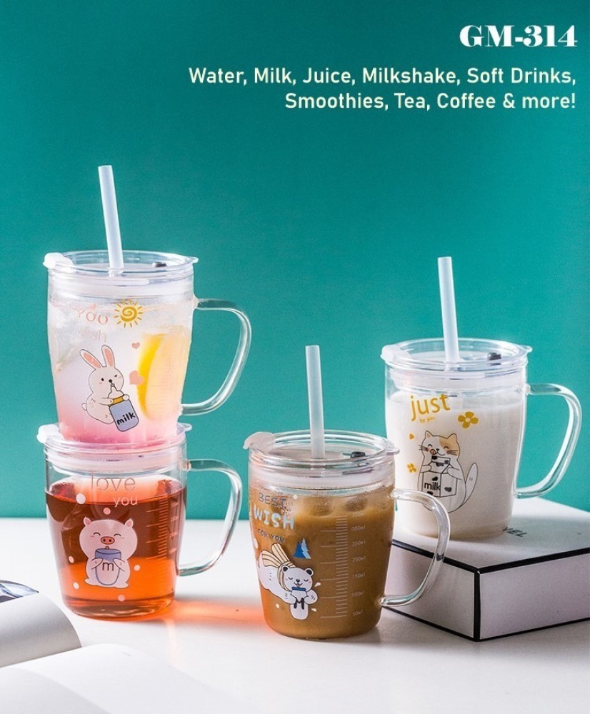 Random Design Glass Straw Drinking Mug with Handle and Clear Lid with  Straw, 350 ml