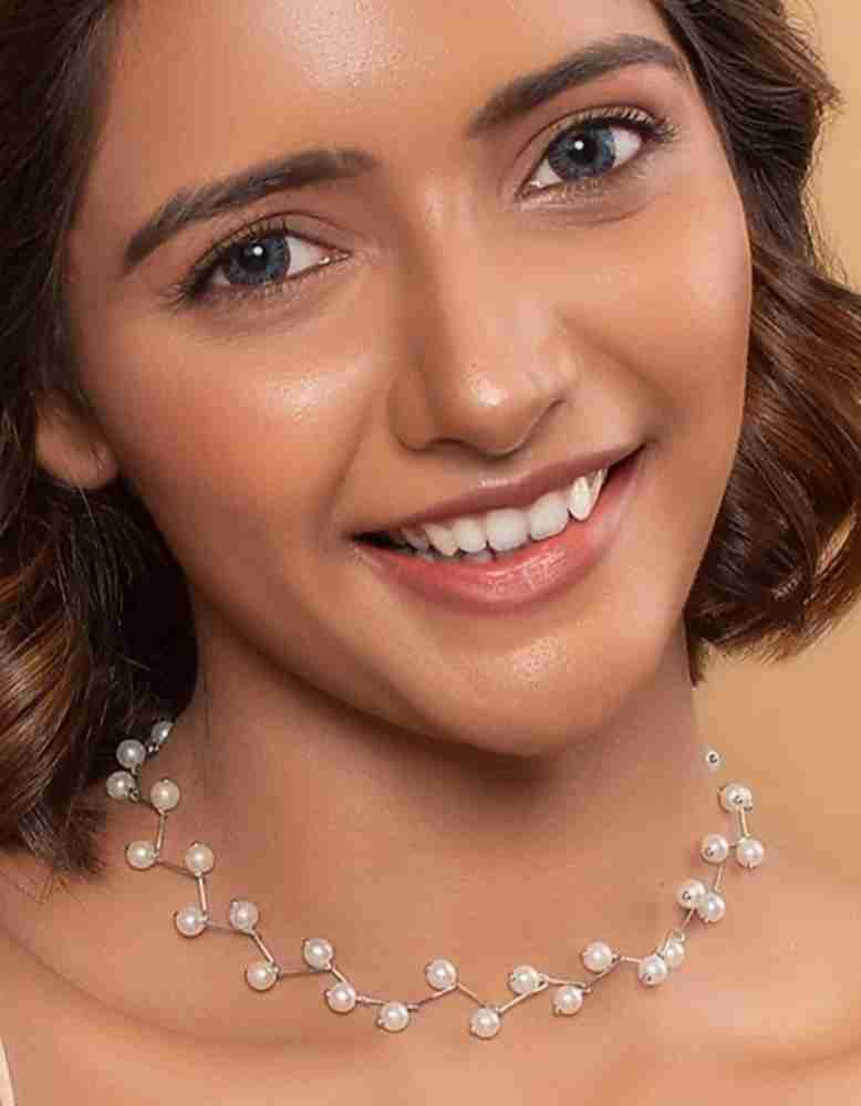 DF STORE White Pearl Choker Necklace Pearl Silver Plated Alloy