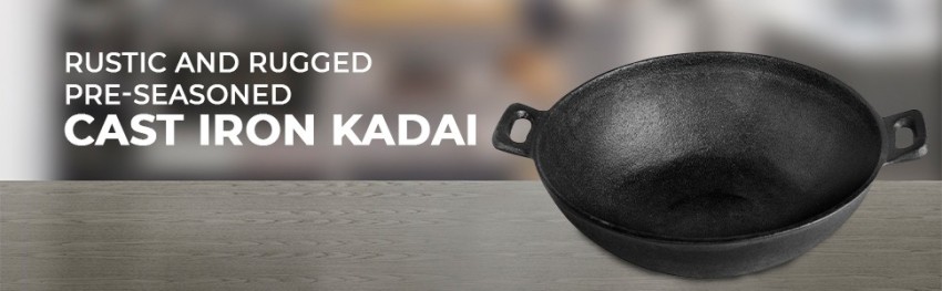 Pre-Seasoned Cast Iron Kadai/Wok 9 Inch, 1.5 L Capacity, Black