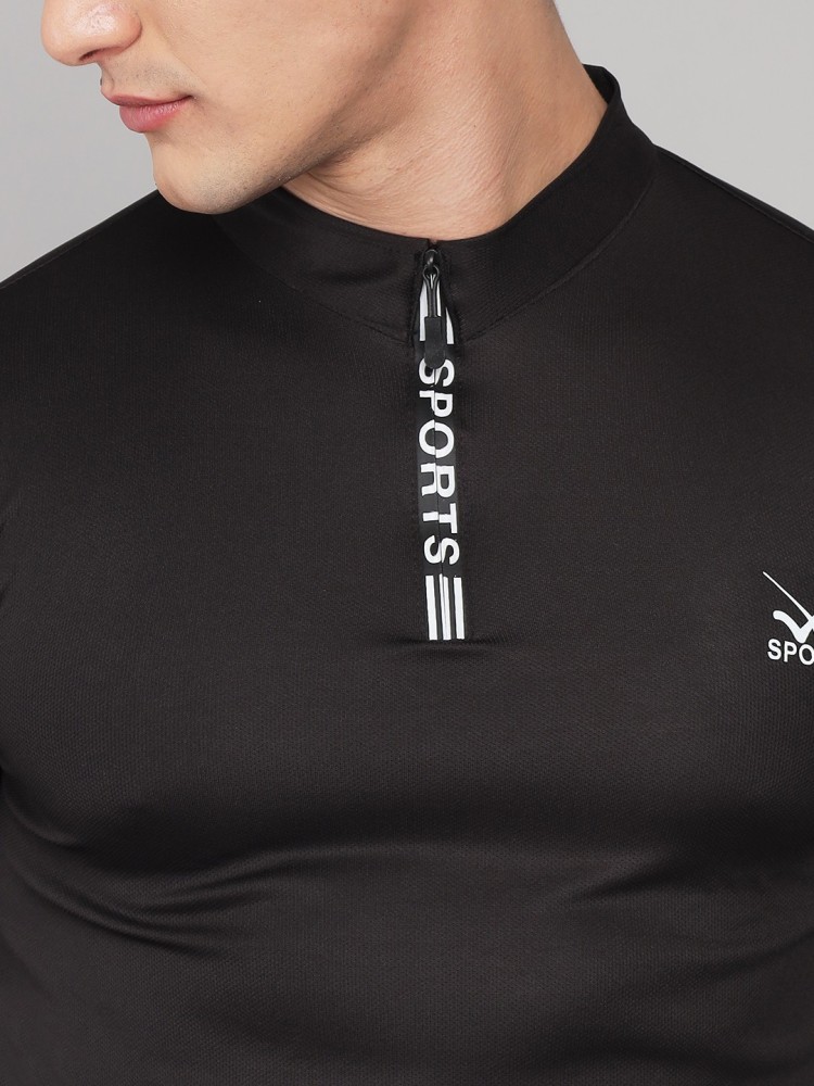 W Sports Solid Men Zip Neck Black T-Shirt - Buy W Sports Solid Men Zip Neck  Black T-Shirt Online at Best Prices in India