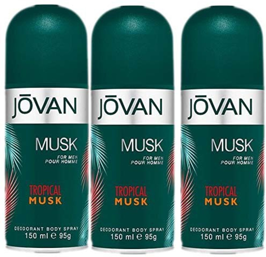 Jovan Tropical Musk Deodorant Body Spray for Men 150ml Pack 3