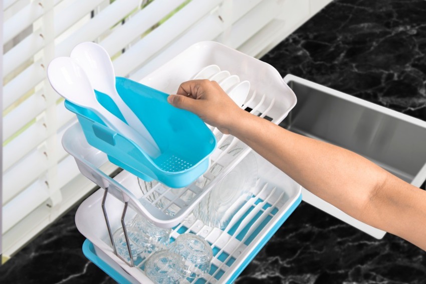 NEWON 3 in 1 Kitchen Sink Dish Drainer Drying Rack Utensils Washing Holder  Plastic Basket Organizer