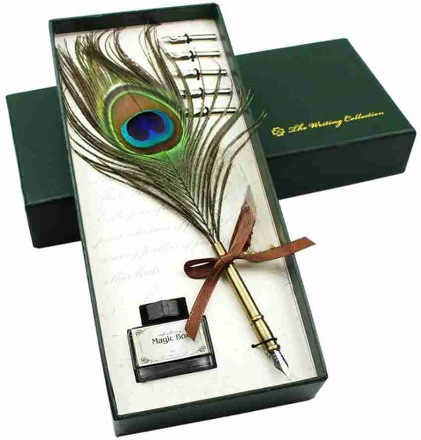 DEZIINE Antique Quill Peacock Feather Pen with Holder and Ink