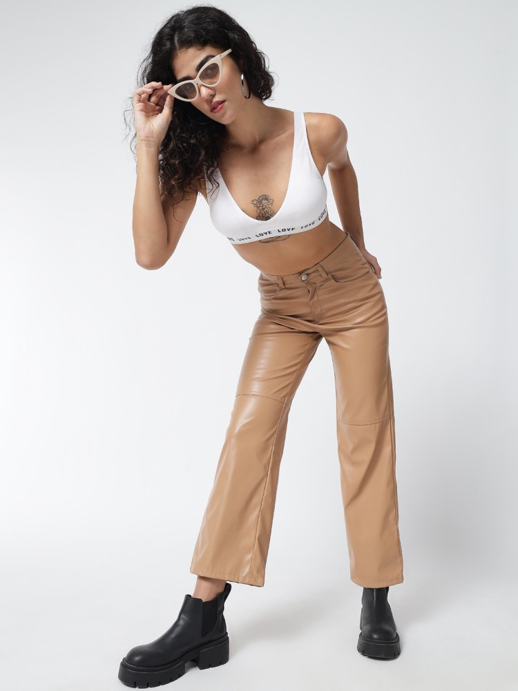 Beige Pleated Straight Leg PU Leather Trousers, Leather Trousers