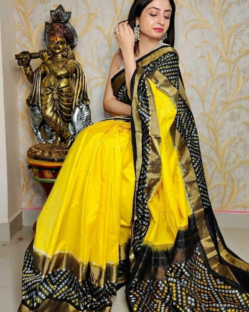 Yellow Ikkat Handloom Silk Saree – Vijayalakshmi Silks