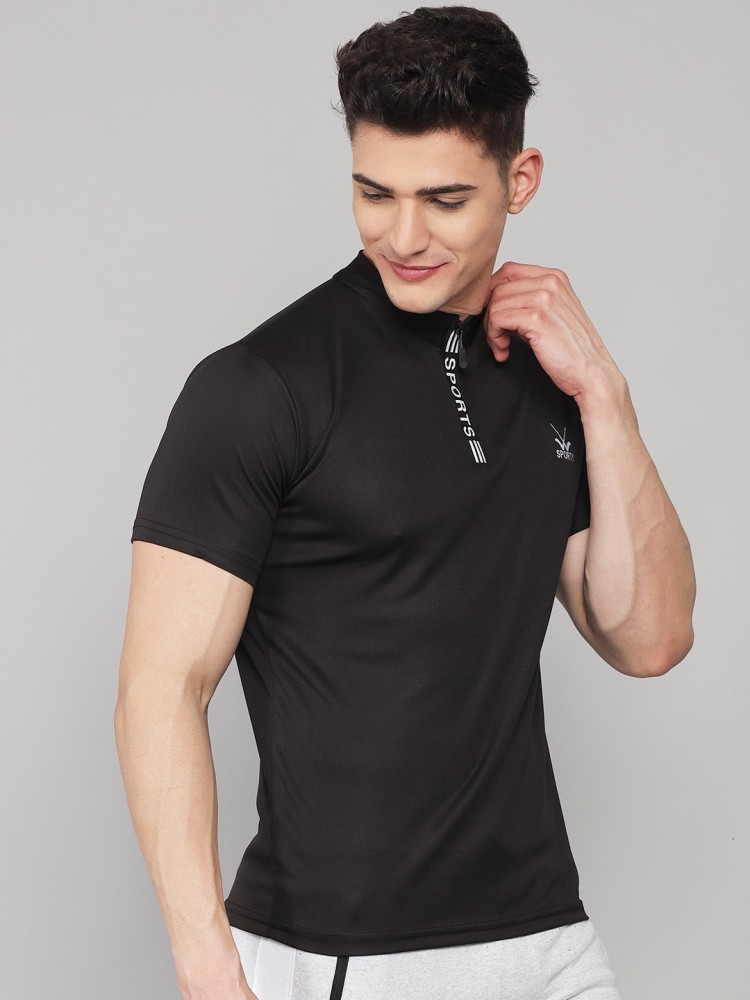 W Sports Solid Men High Neck Black T-Shirt - Buy W Sports Solid Men High  Neck Black T-Shirt Online at Best Prices in India