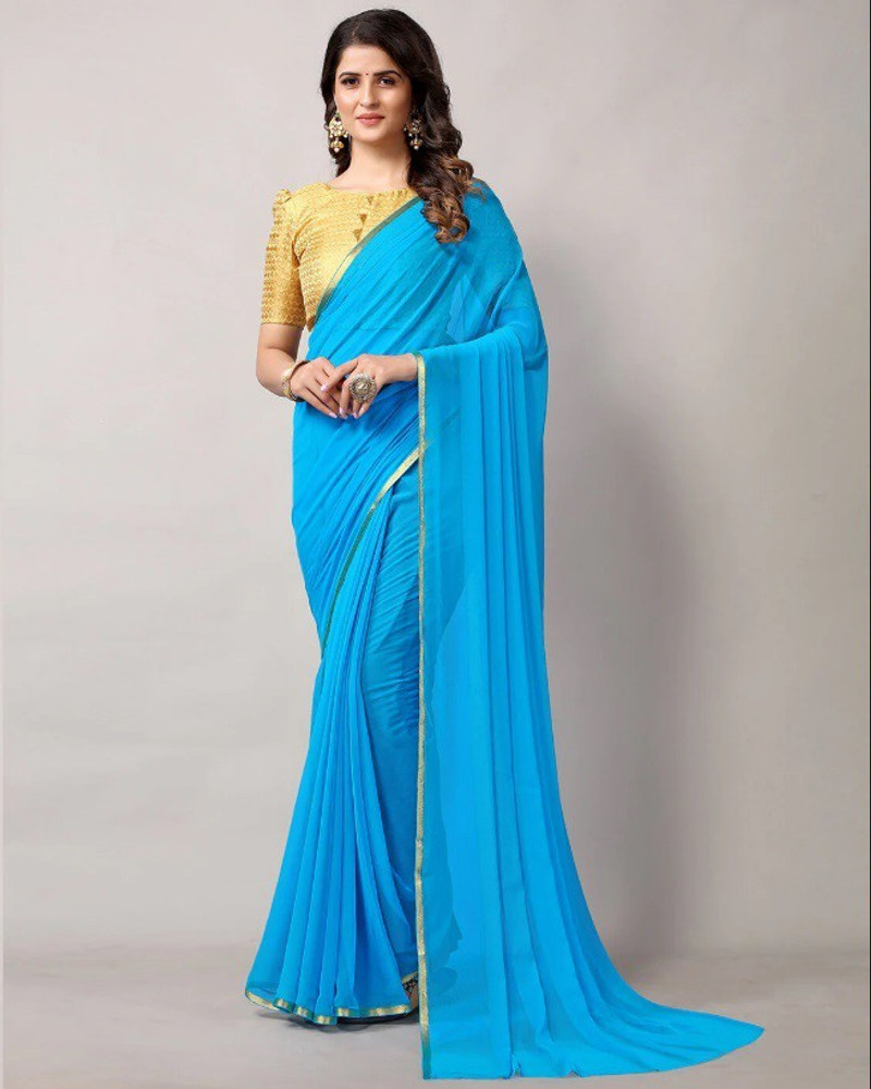 Buy JiproStore Solid Plain Bollywood Chiffon Light Blue Sarees Online Best Price In India Flipkart
