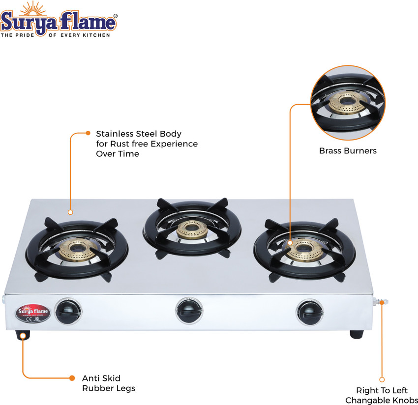 Surya 3 burner stainless best sale steel gas stove price