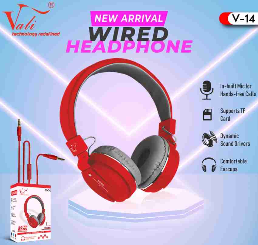 vali V 14 Over Ear Wired Headphones Deep Bass in Built Mic