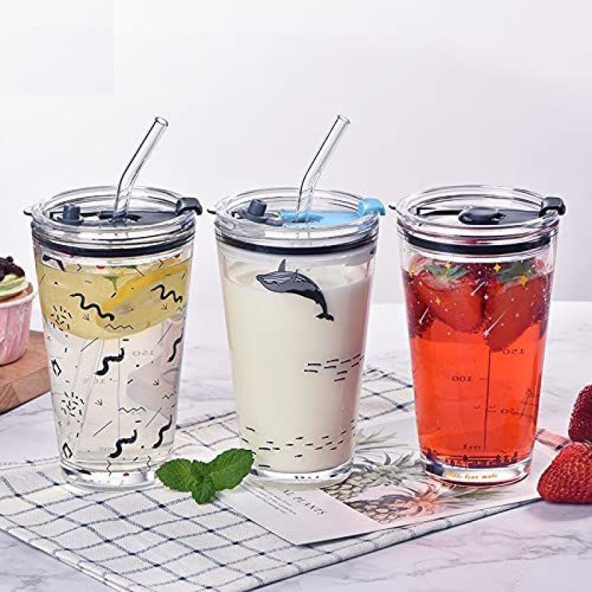 Buy Giyanza Drinking Glasses with Lids and Glass Straw - 400ml Can