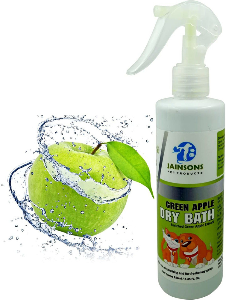 Jainsons Pet Products Green Apple Dry Bath 250ml Spray for Smelly Dog Puppy Cat Made with Green Apple Conditioning Apple Dog Shampoo