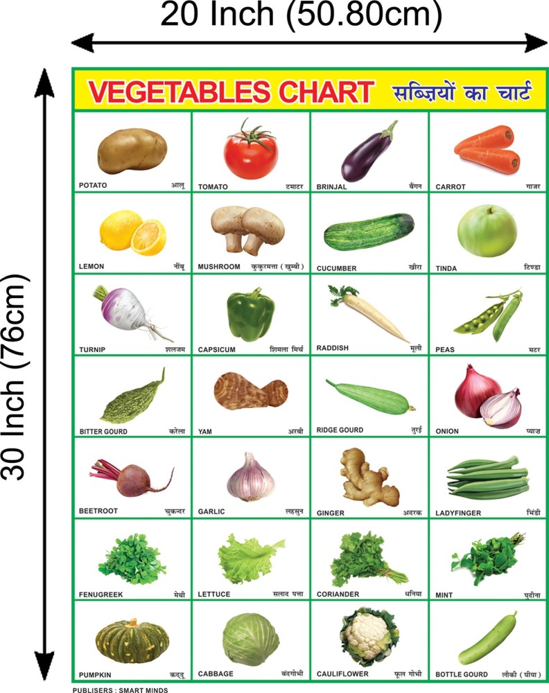 Combo of 4 Chart  Hindi Varnmala, English Alphabet, Vegetables