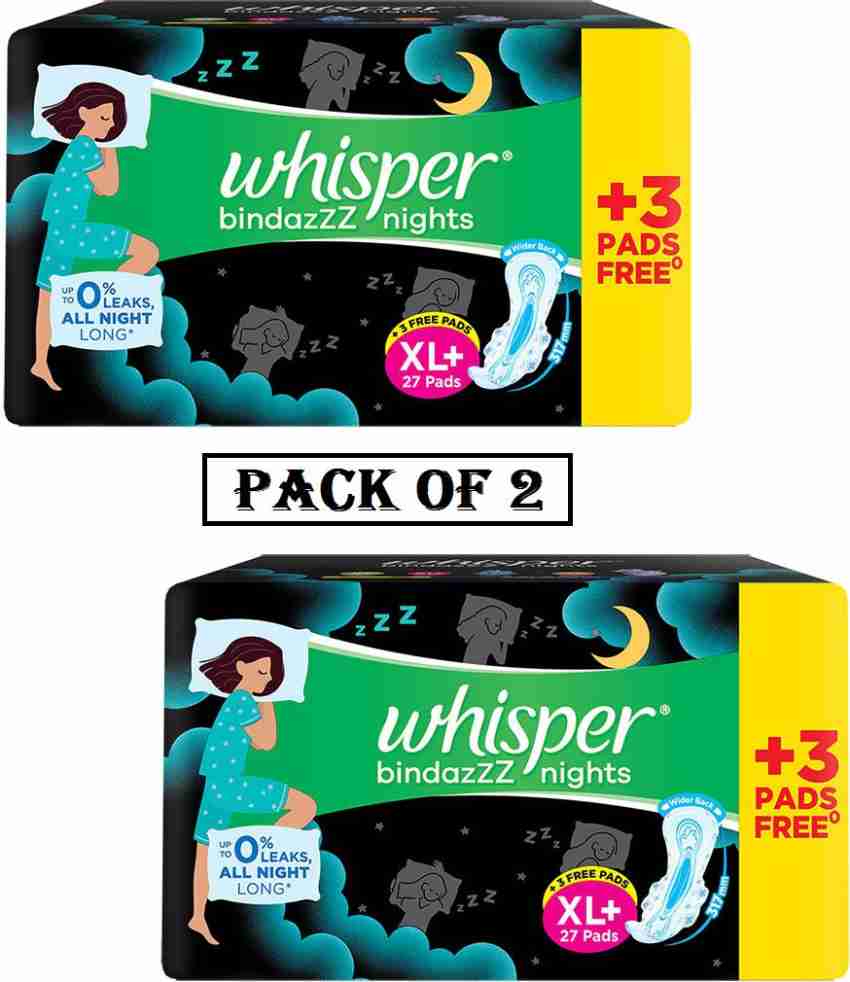 Whisper Bindazzz Night Sanitary (XL+ 30Pads) (Pack of 2) Sanitary Pad, Buy  Women Hygiene products online in India