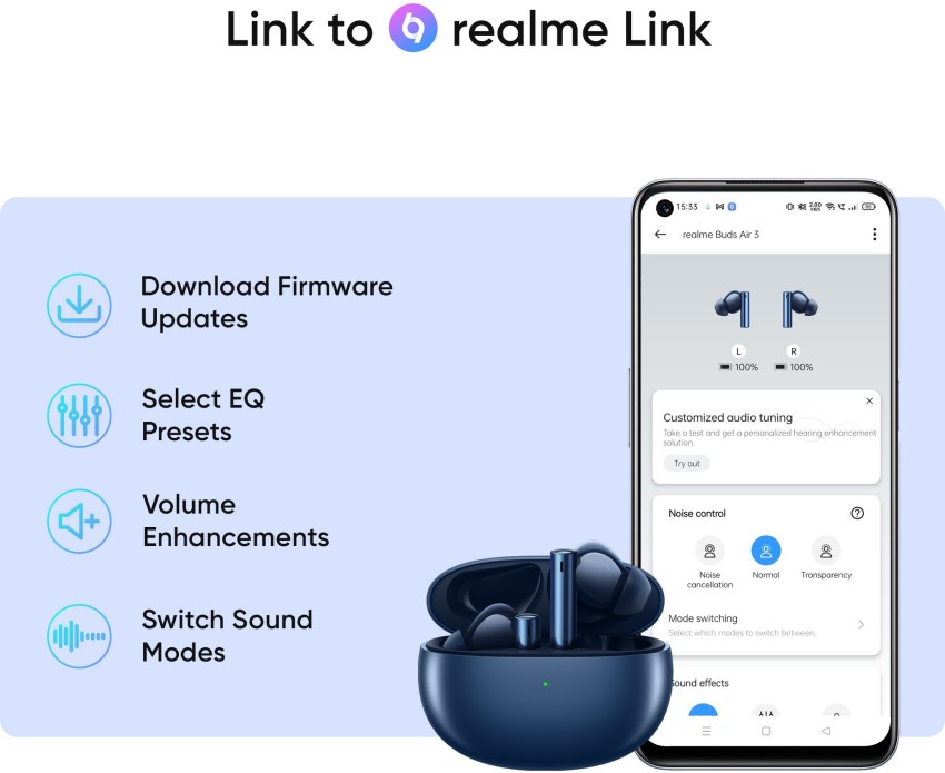 realme Buds Air 3 Wireless Earbuds, Active Noise Cancellation, 10mm Dynamic  Bass Boost Driver, Up to 30 Hours Playtime, IPX5 Water Resistance - (Blue)
