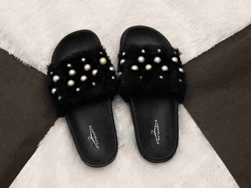 Black fur online sliders womens