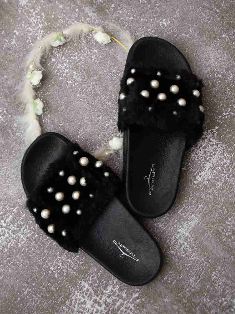 Black discount fur slides