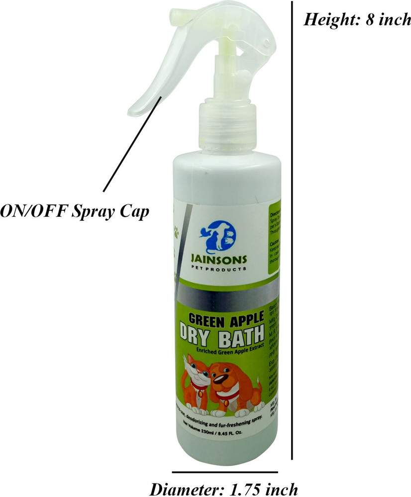 Jainsons Pet Products Green Apple Dry Bath 250ml Spray for Smelly Dog Puppy Cat Made with Green Apple Conditioning Apple Dog Shampoo