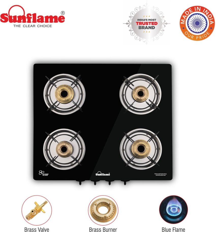 sunflame gt pride glass top 4 brass burner gas stove