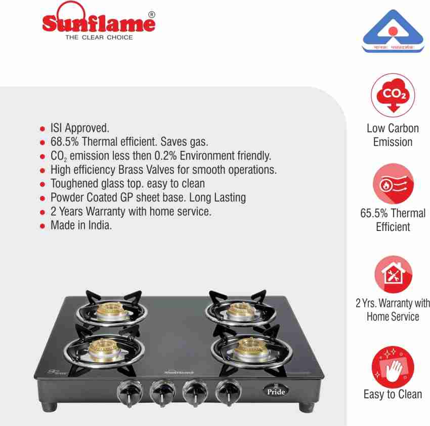 sunflame gt pride glass top 4 brass burner gas stove