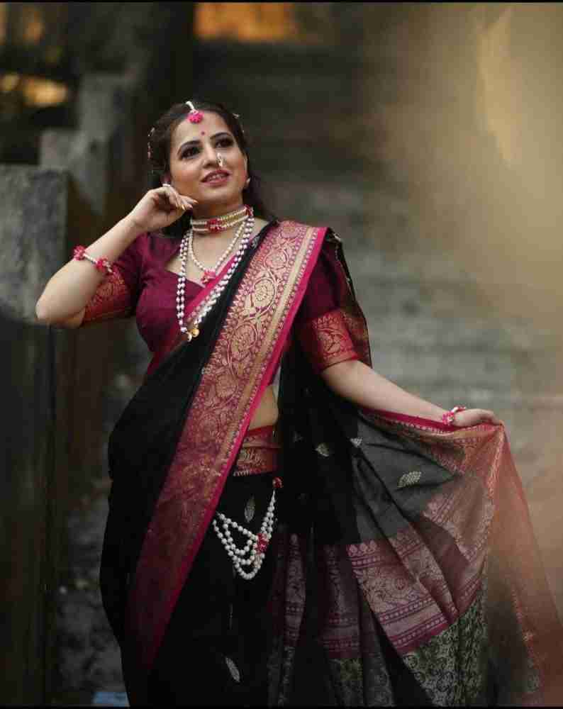 Black Soft Lichi Silk Maharastrian Style Saree