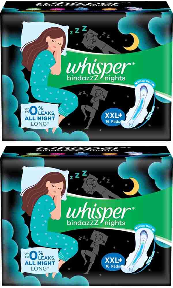 Whisper Bindazzz Night Thin XXL Plus Sanitary Pads for upto 0 Percentage  Leak60 Percentage Longer with Dry top sheet 16 Pad Online in India, Buy at  Best Price from  - 9287498