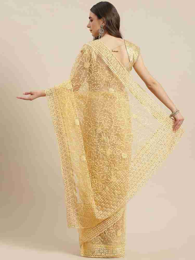 Buy Chhabra 555 Yellow Floral Print Saree with Sequin###Lace