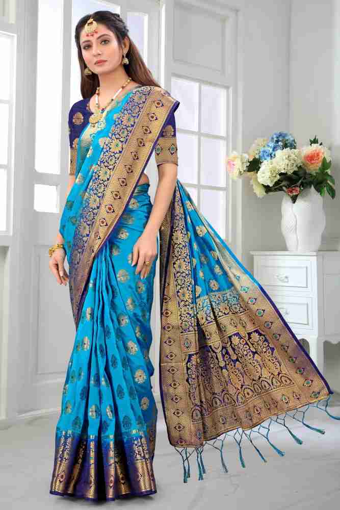 Buy AVANTIKA FASHION Woven Kanjivaram Pure Silk, Art Silk Light Blue Sarees  Online @ Best Price In India