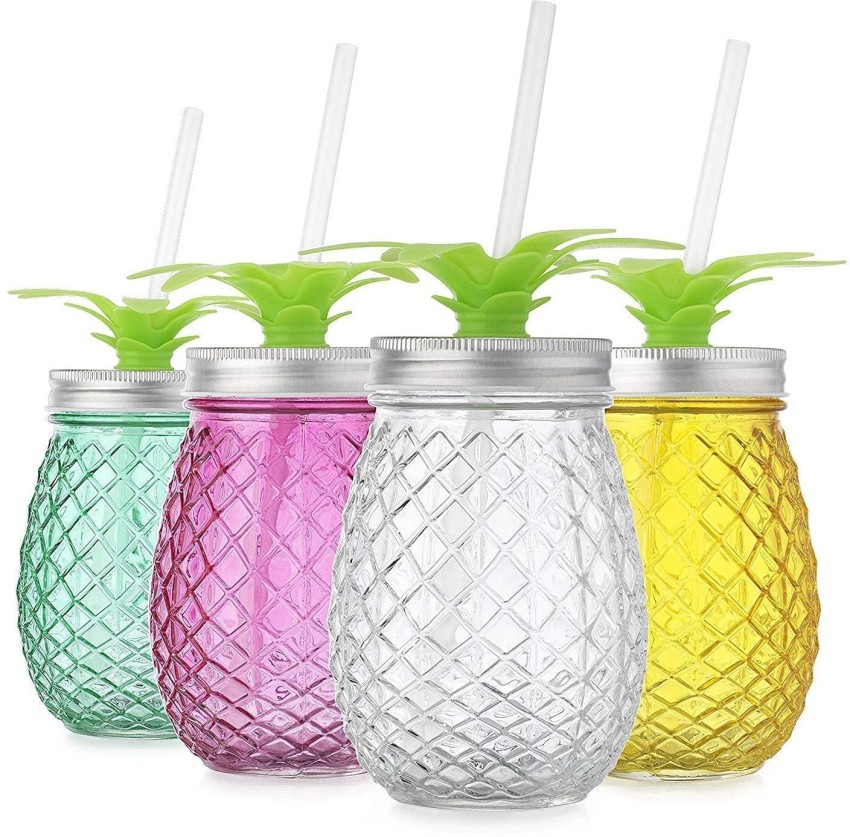 Pineapple-Shaped Mason Jar Mug Glasses with Handles, Straws & Lids