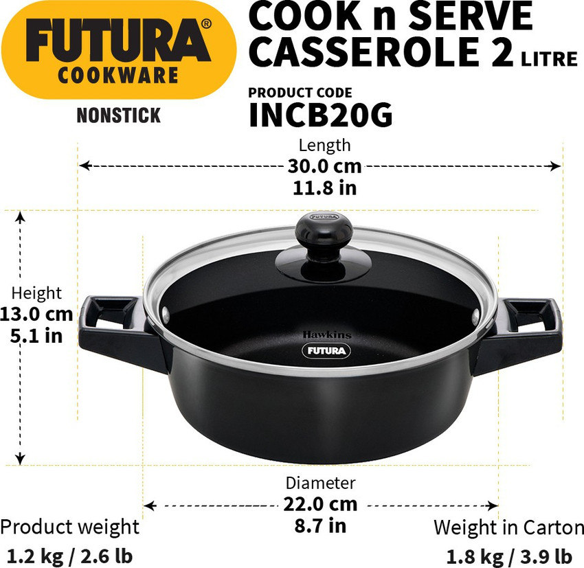 Hawkins Cook n Serve Bowl with Glass Lid (INCB20G) Sauce Pan 22 cm diameter with Lid 2 L capacity Price in India - Buy Hawkins Cook n Serve Bowl with Glass Lid (