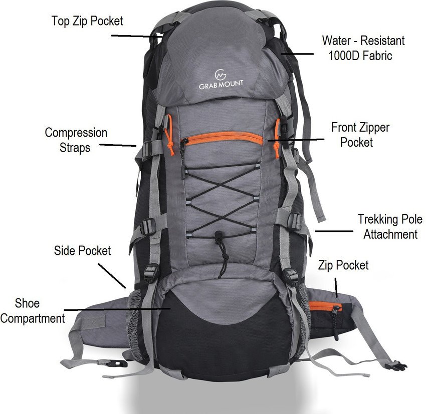GRABMOUNT Water Resistance Trekking Hiking Travel Bag With Shoe Compartment Rucksack Rucksack 65 L GREY Price in India Flipkart