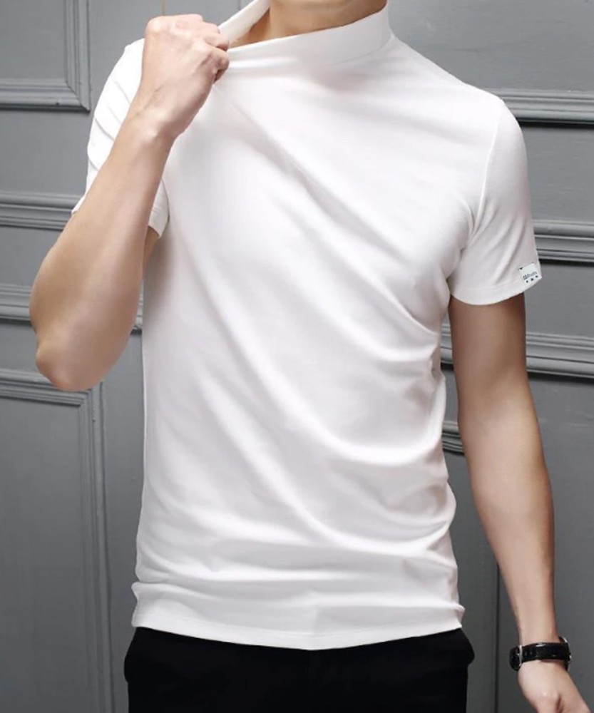 LIME Solid Men High Neck White T-Shirt - Buy LIME Solid Men High