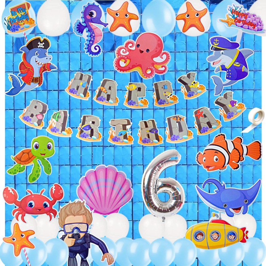 FLICK IN Happy 6th Birthday Decoration Marine Animals Cutouts Aqua