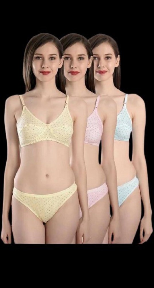 Fashion Is My Style Women Cotton Blend Bra Panty Set Pack Of 3 Combo.