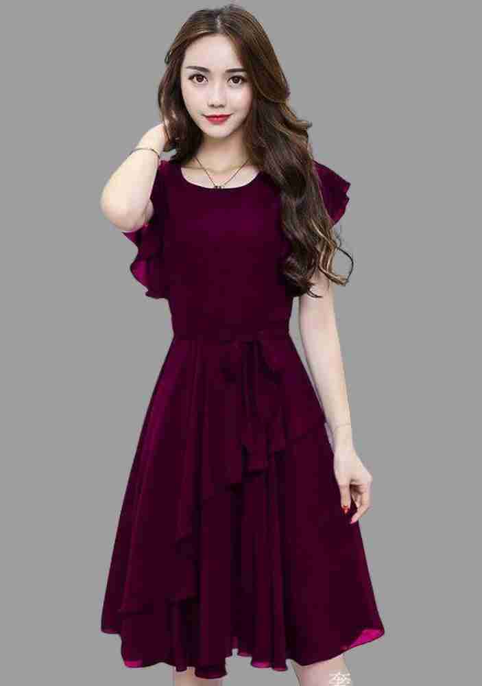 QIPOPIQ Clearance Dresses for Women Summer Lace Flare Sleeve Webbing Knit  Midi Skirts Dress Purple M 
