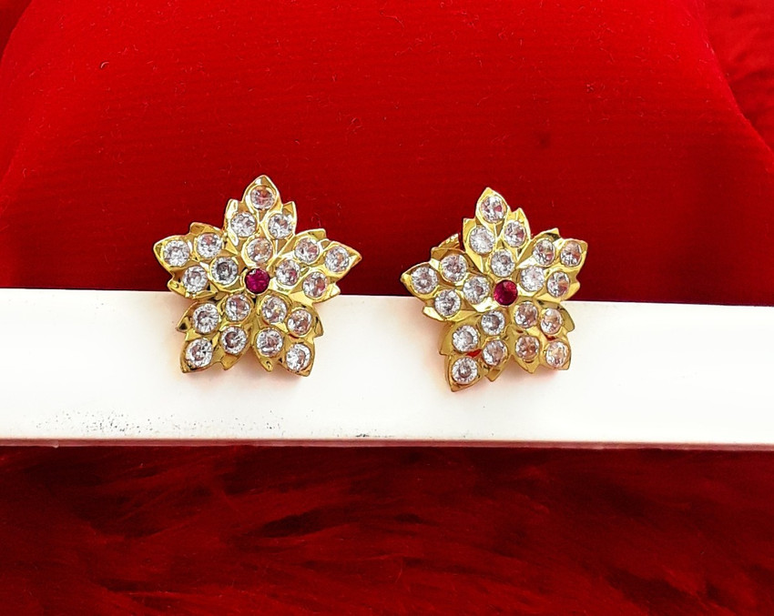 Anujeet Fashion Hub Gold Plated Covering 5 metal Impon AD Stone Floral Stud Earrings For Women Girls Copper Stud Earring