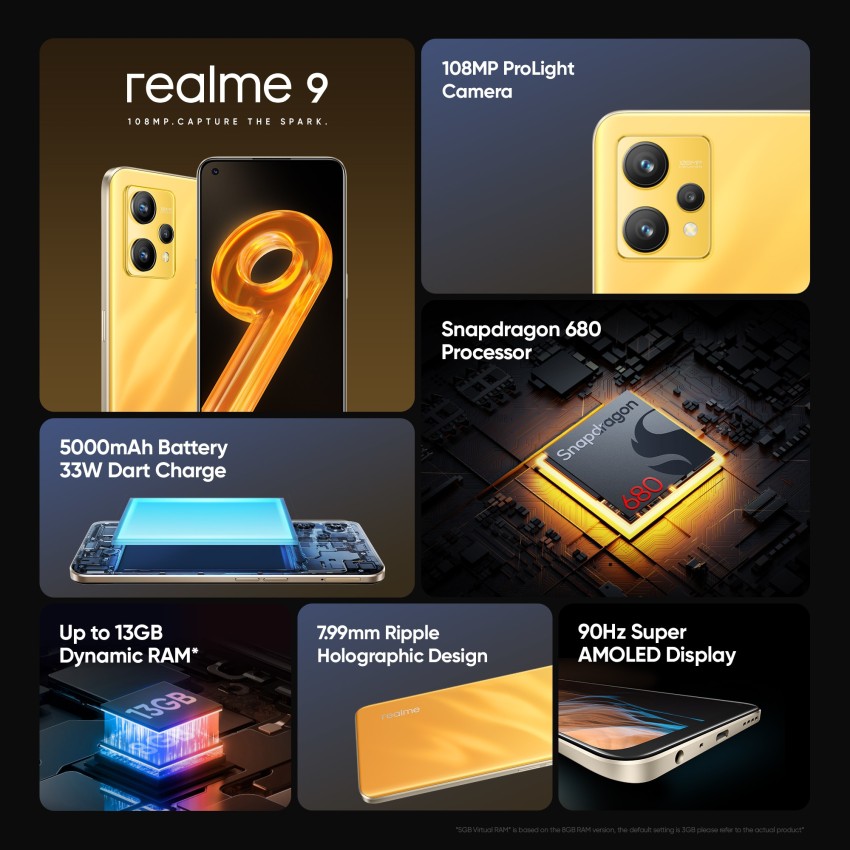  realme 9 (4G) Dual SIM 128GB ROM + 6GB RAM (GSM only  No CDMA)  Factory Unlocked 4G/LTE Smartphone (Sunburst Gold) - International Version  : Cell Phones & Accessories
