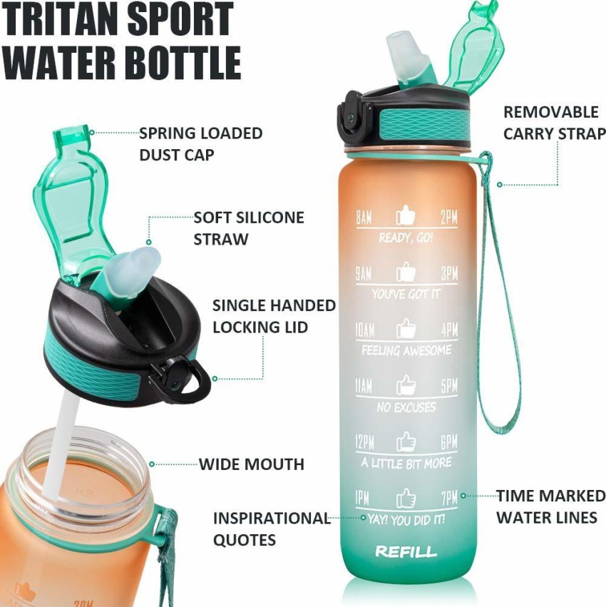 FITBOTT Sports Water Bottle 2 Litre with Time Markings (Green
