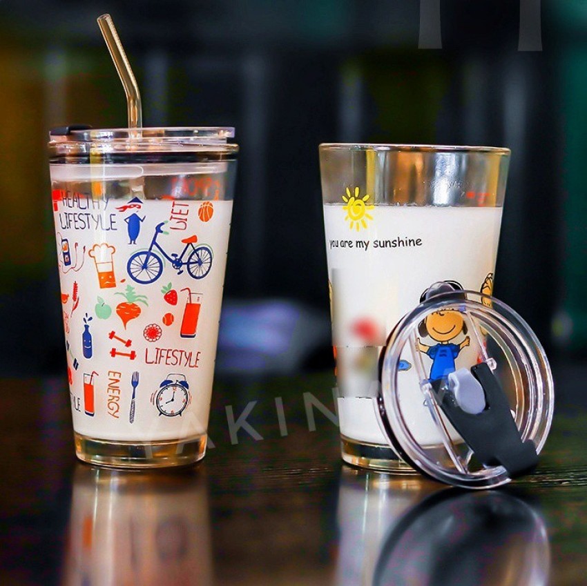 Glass Sipper Cup with Straw and Lid Random Design Cartoon Pattern Drinking  Measuring Glass Mug/Cup