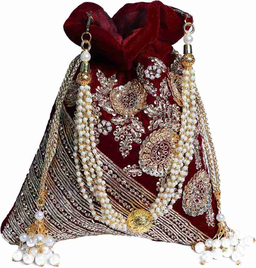 Swisni Handmade Designer Golden Embroidery Potli Bag For Bride