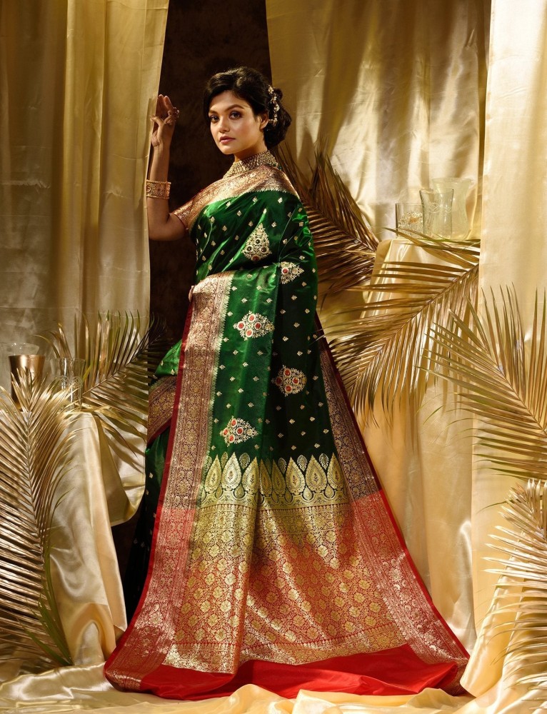 Red Bridal Woven Banarasi Silk Saree With Green Blouse