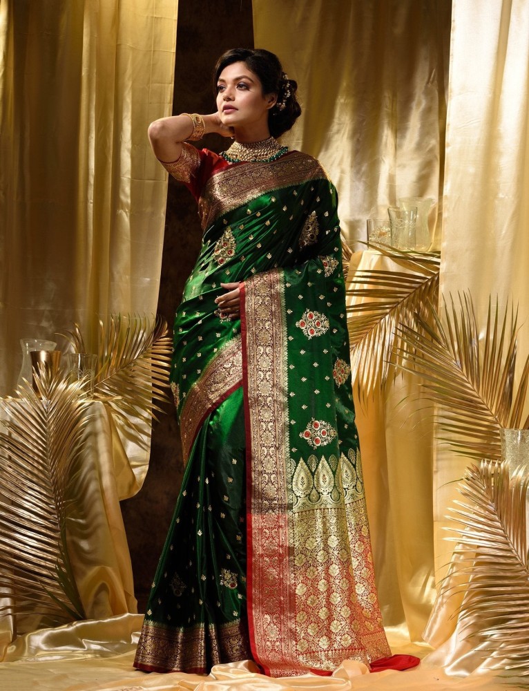 Pure Banarasi Jacquard Silk Sarees Dark Green Colour, Wedding Wear
