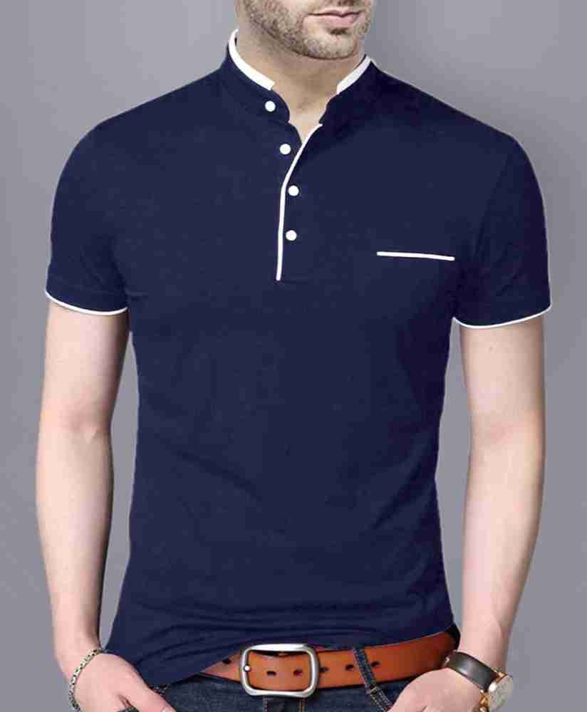 CONVOWEAR Solid Men Mandarin Collar Navy Blue T Shirt Buy
