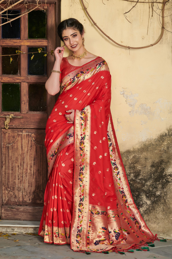 Buy ETHNUS VILLA Woven Paithani Pure Silk Red Sarees Online Best