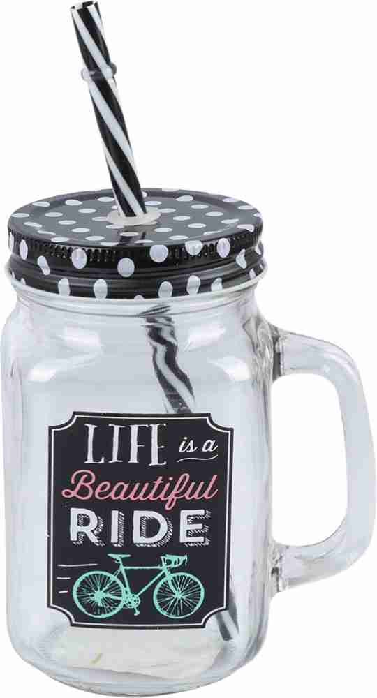 Mason Jar, with Straw & Lid, Blue, Glass, 450 mL - Market 99