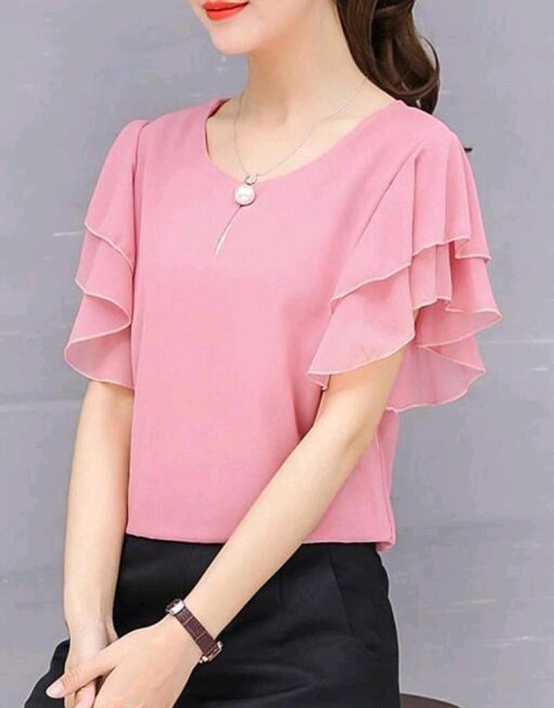 FESON Casual Solid Women Pink Top