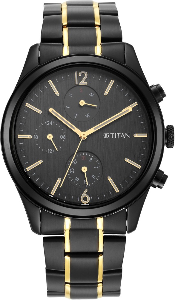 Titan Black & Gold Round Shape Men Watch - 1805KM03 Helios Watch Store