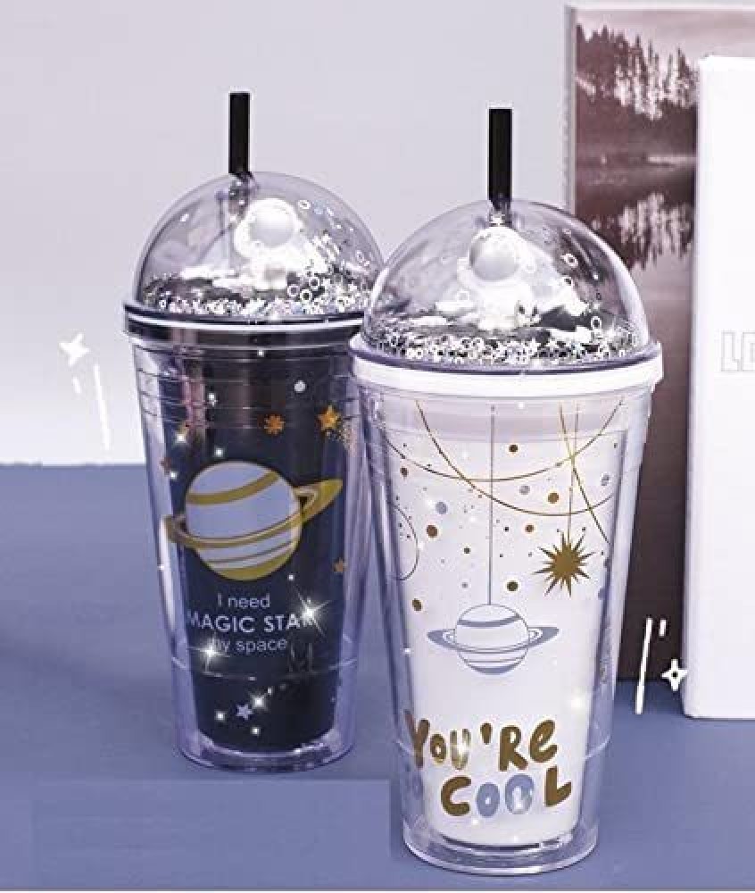 Elipsis Space Wall Design Cute Sipper Glass/Tumbler with Straw 500