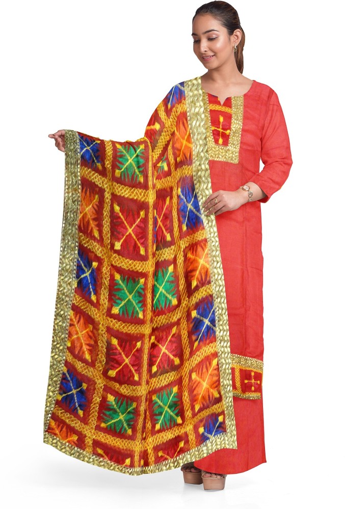 Red phulkari dupatta on sale with plain suits